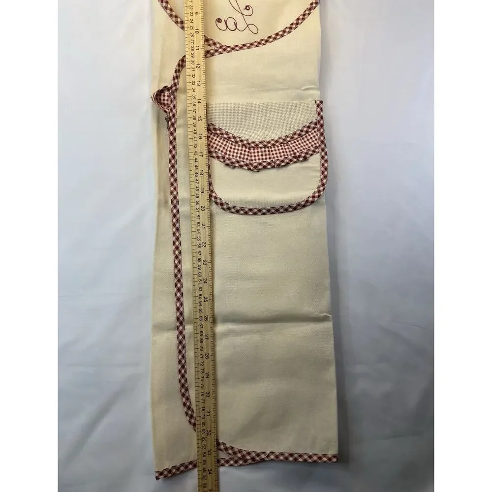 Nonna Embroidered Bib Apron Beige/Maroon Gingham Trim Pocket Cotton One Size